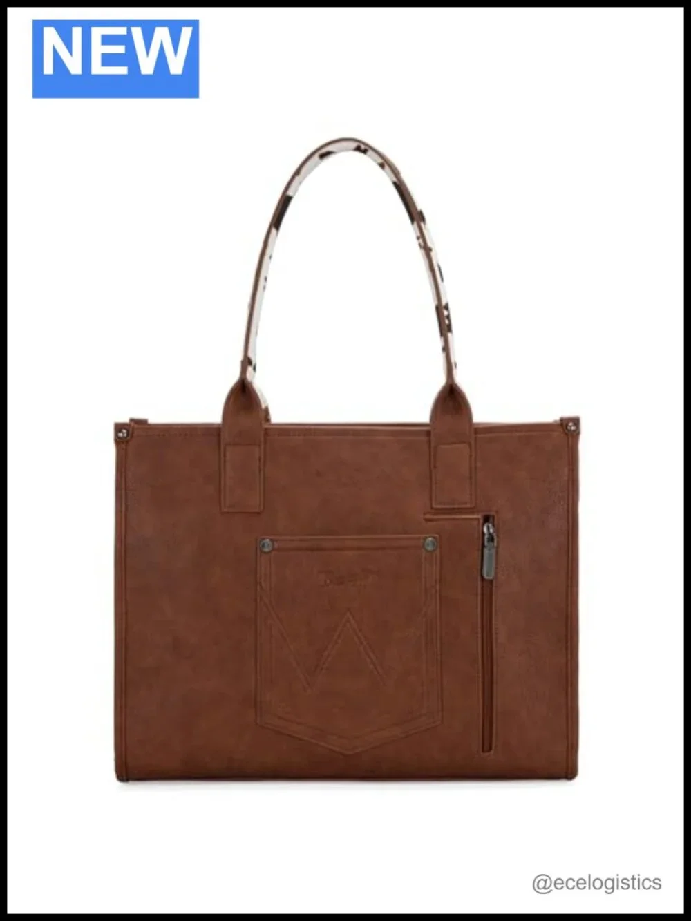 Faux Leather Cow Print Tote Bag with Top Handle and Whipstitch, Large Designer